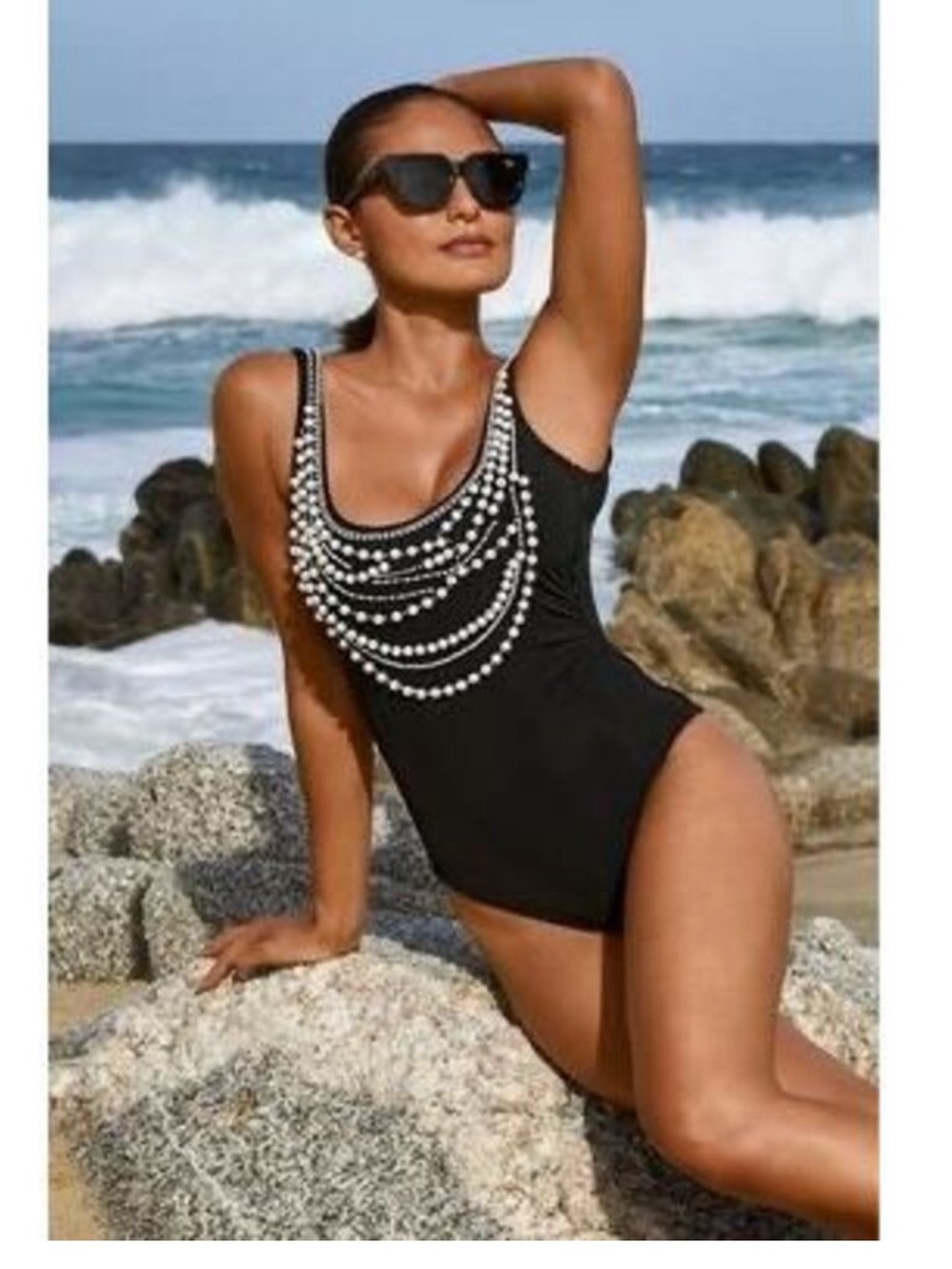 New Boston Proper Amita Naithani Pearl & Rhinestone 1PC Swimsuit
